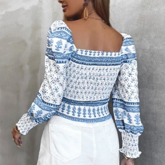 Boho Floral Puff Long Sleeve Crop Top - Picture 3 of 7